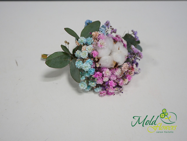 Boutonniere with colored gypsophila and lavender photo
